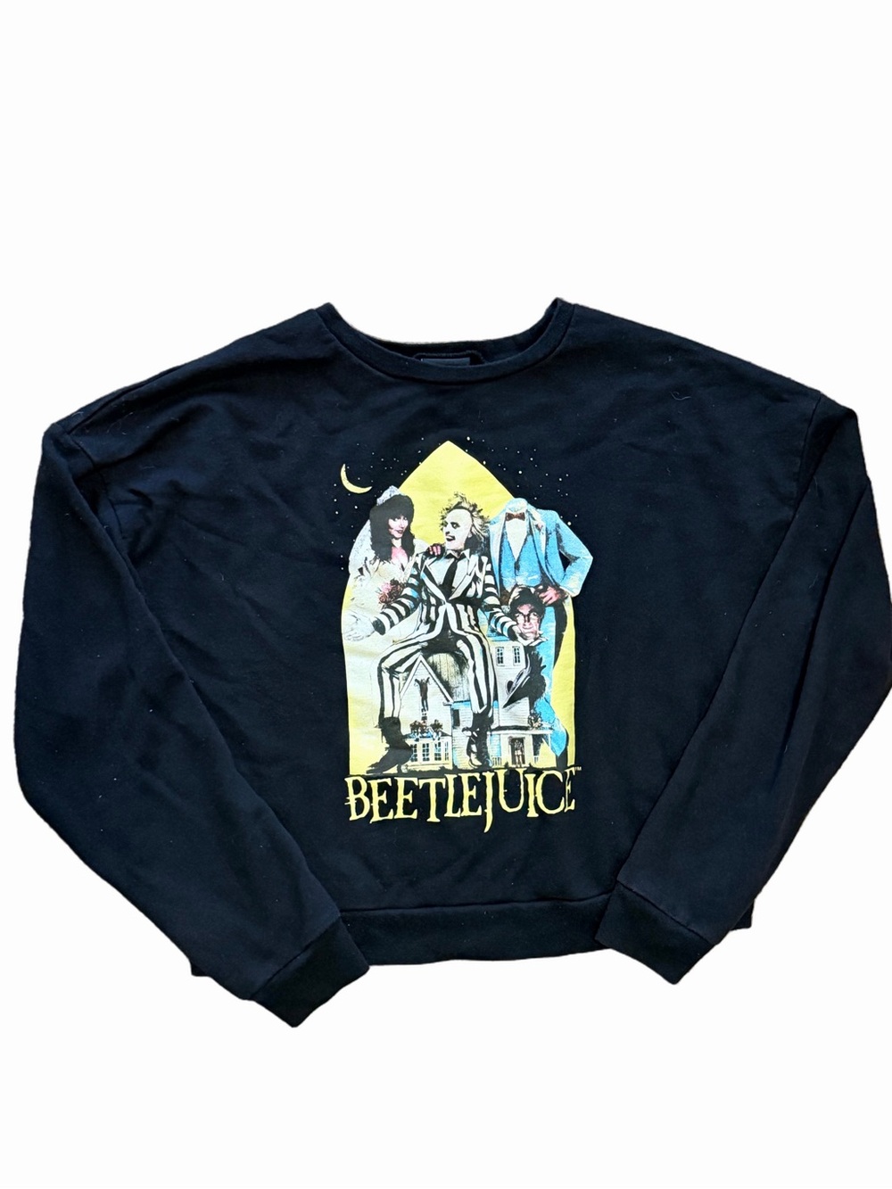 Beetlejuice Cropped Graphic Sweatshirt Black Movie Crewneck Medium